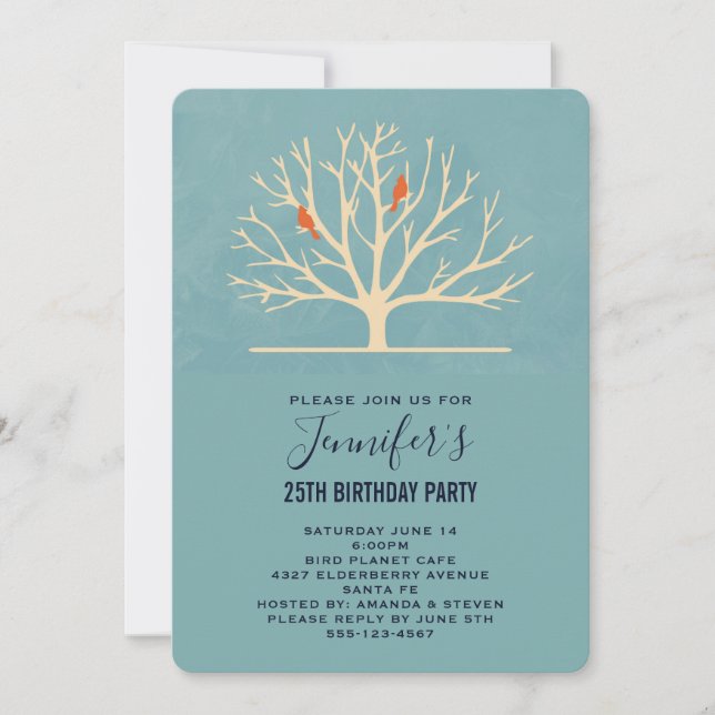 Modern Orange Birds in a Large Tree Birthday Invitation (Front)