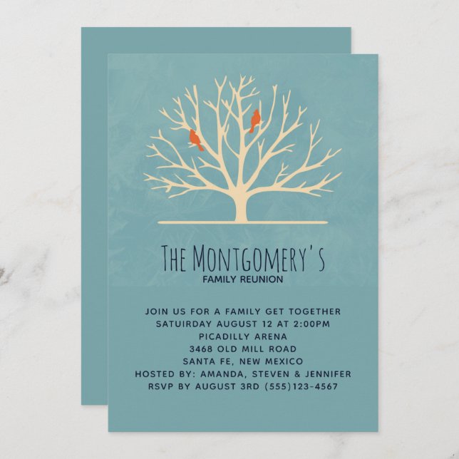 Modern Orange Birds in a Large Tree Family Reunion Invitation (Front/Back)
