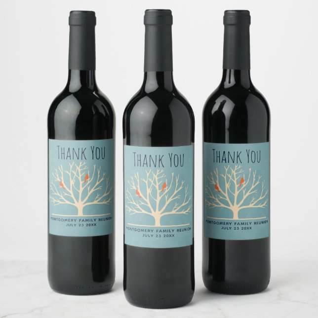 Modern Orange Birds in a Large Tree Family Reunion Wine Label (Bottles)