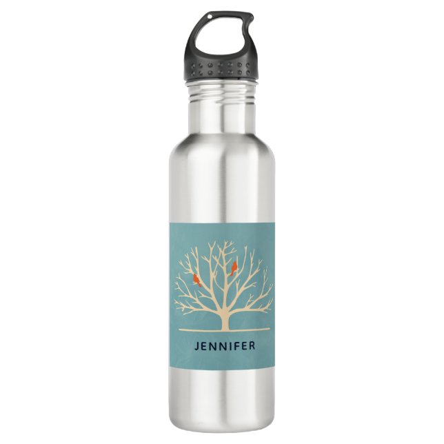 Modern Orange Birds in a Large Tree Illustration 710 Ml Water Bottle (Front)
