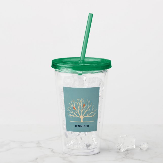 Modern Orange Birds in a Large Tree Illustration Acrylic Tumbler (Back Ice)
