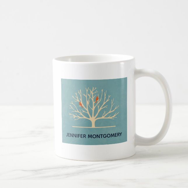 Modern Orange Birds in a Large Tree Illustration Coffee Mug (Right)