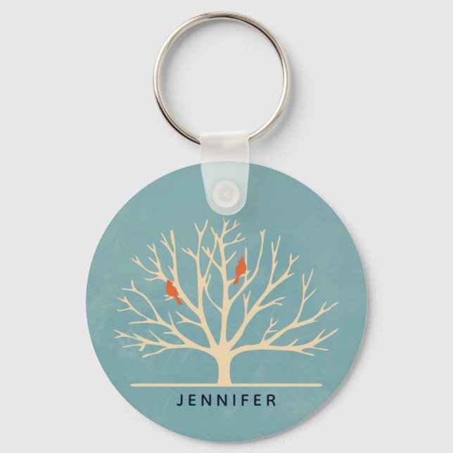 Modern Orange Birds in a Large Tree Illustration Keychain (Front)