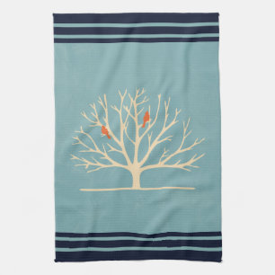 Modern Orange Birds in a Large Tree Illustration Kitchen Towel
