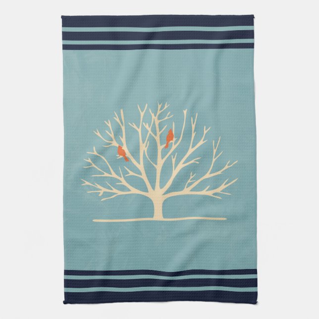 Modern Orange Birds in a Large Tree Illustration Kitchen Towel (Vertical)