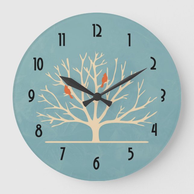 Modern Orange Birds in a Large Tree Illustration Large Clock (Front)