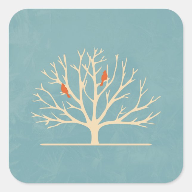 Modern Orange Birds in a Large Tree Illustration Square Sticker (Front)