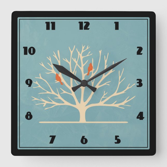 Modern Orange Birds in a Large Tree Illustration Square Wall Clock (Front)