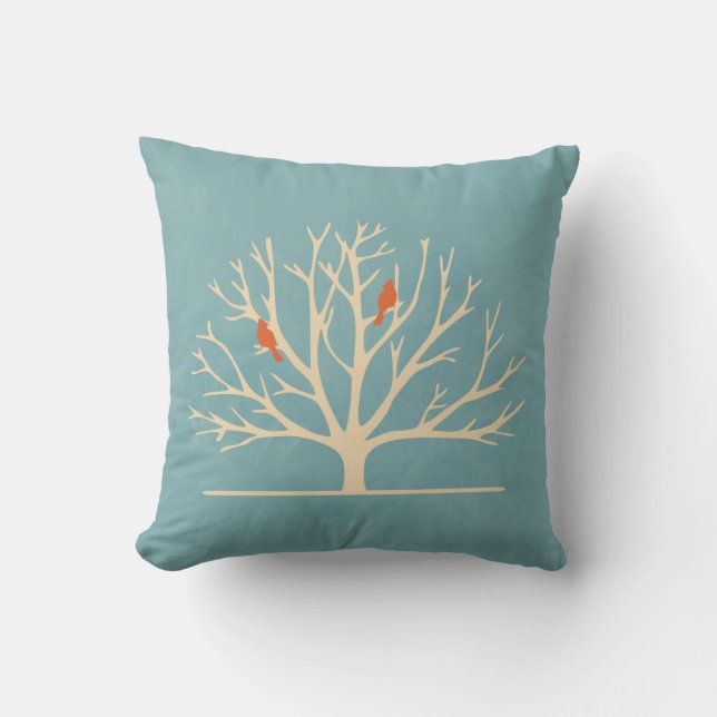Modern Orange Birds in a Large Tree Illustration Throw Pillow (Front)