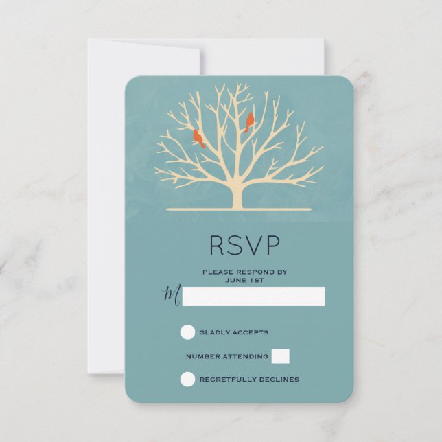 Modern Orange Birds in a Large Tree RSVP Card (Front)