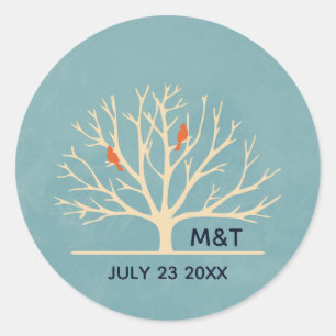 Modern Orange Birds in a Large Tree Wedding Classic Round Sticker