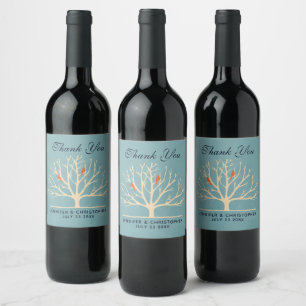 Modern Orange Birds in a Large Tree Wedding Wine Label