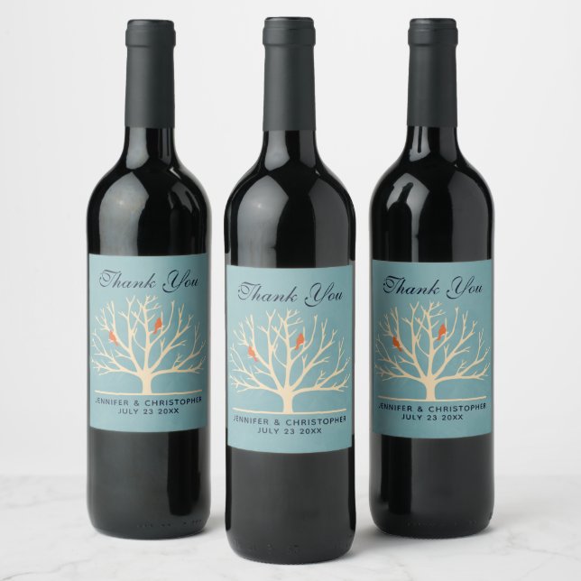 Modern Orange Birds in a Large Tree Wedding Wine Label (Bottles)
