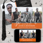 Modern Orange, Black and White 4 Photo Graduation Announcement<br><div class="desc">Share the joy of a high school or college graduation with custom 4 photo collage orange, black and white announcements. The pictures and all wording on this template are simple to personalize with any details of your choice, such as party invitation info, parents' names, special honours, degree title, favourite inspirational...</div>
