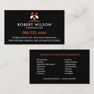 Modern Orange Black Building Contractor Business Card