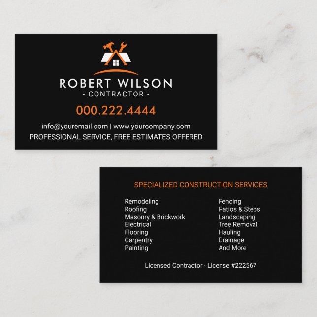 Modern Orange Black Building Contractor Business Card (Front/Back)