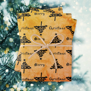 Modern Orange Black Christmas Tree Pattern Holiday Wrapping Paper Sheet
