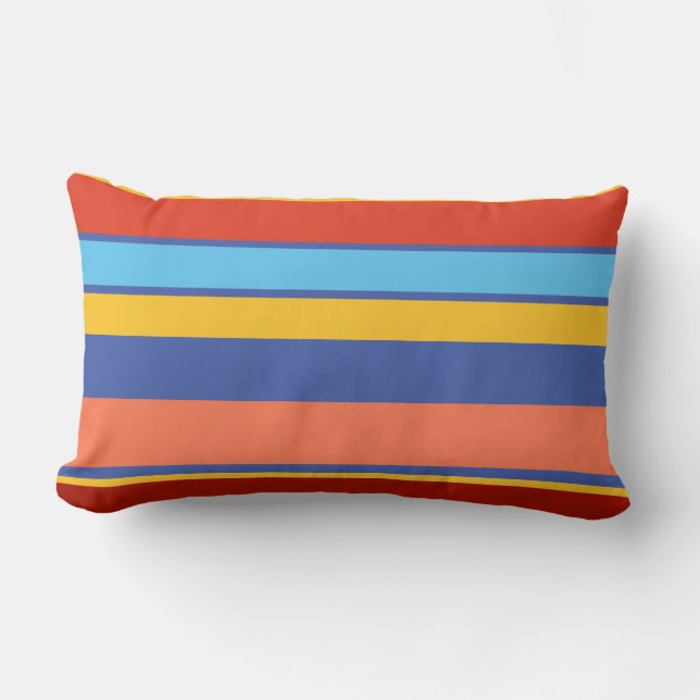 Modern Orange Blue Yellow Coral Stripes Beach Lumbar Pillow (Front)