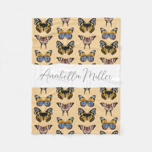 Modern Orange Boho Butterfly Pattern Kids Name Fleece Blanket