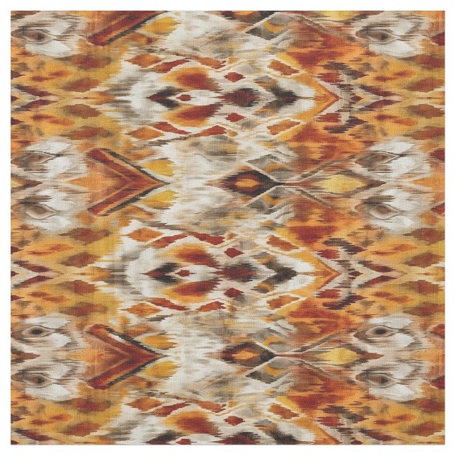 Modern Orange Boho Tribal Ikat Pattern Fabric (Close Up)