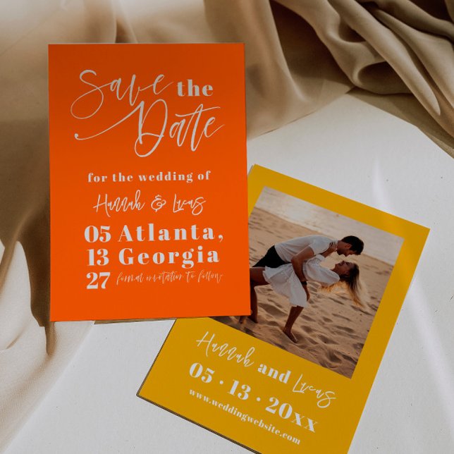 Modern Orange Bold Calligraphy Photo Save The Date Invitation (Creator Uploaded)