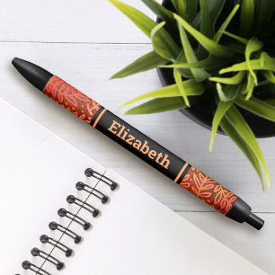 Modern orange botanical leaf pattern custom name black ink pen