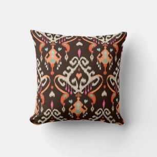Modern orange brown girly ikat tribal pattern throw pillow