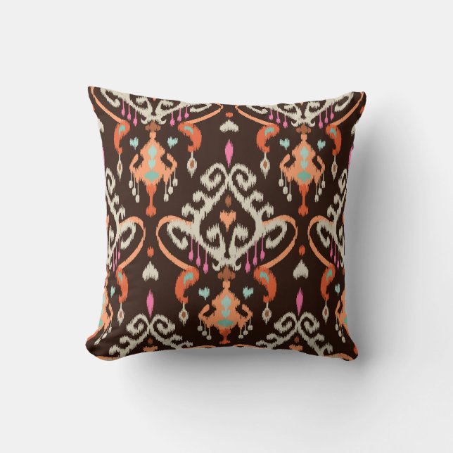 Modern orange brown girly ikat tribal pattern throw pillow (Front)