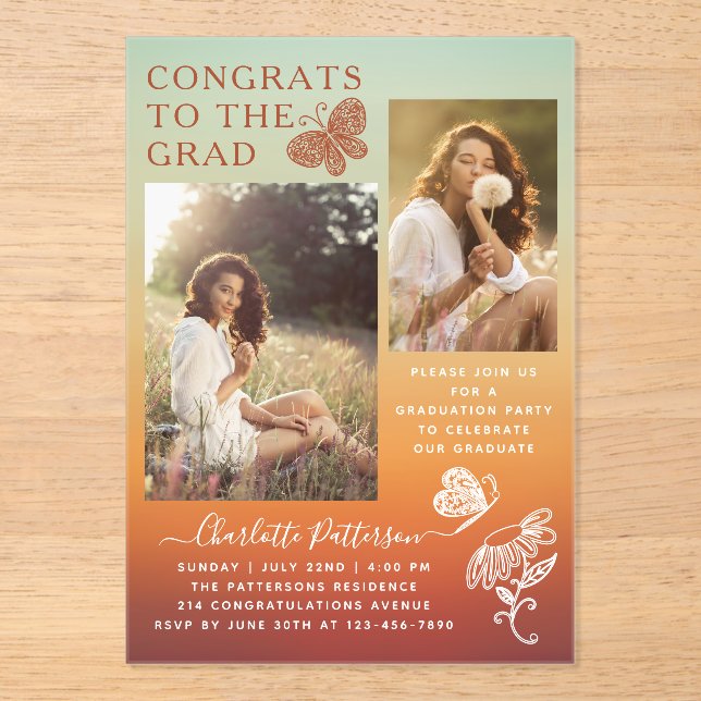 Modern Orange Butterfly Photo Graduation Party Acrylic Invitations (Front)