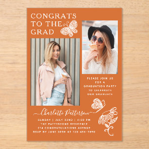 Modern Orange Butterfly Photo Graduation Party Acrylic Invitations