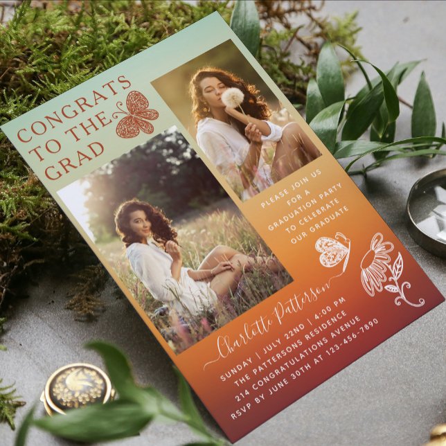Modern Orange Butterfly Photo Graduation Party Invitation (Creator Uploaded)