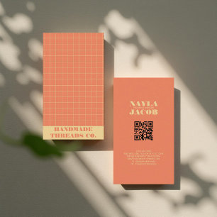 Modern Orange Chequered Pattern QR Code Business Card