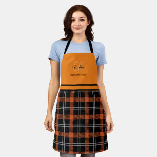 Modern Orange Fall Plaid monogram Apron
