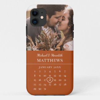 Modern Orange Fall Wedding Anniversary Calendar iPhone 11 Case