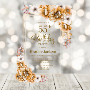 Modern Orange Floral 55th Birthday Party Acrylic Invitations