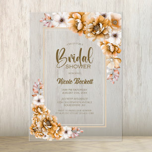 Modern Orange Floral Bridal Shower Acrylic Invitations