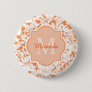 Modern Orange Floral Girly Monogram With Name 2 Inch Round Button