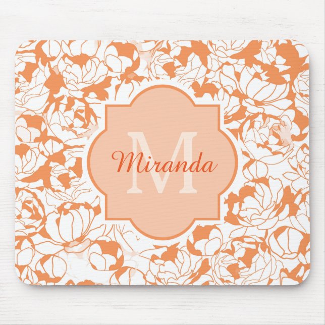 Modern Orange Floral Girly Monogram With Name Mouse Pad (Front)