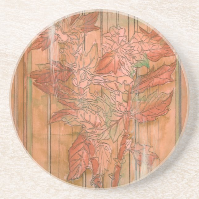 Modern Orange Floral Print on Stripped Background Coaster (Front)