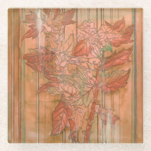 Modern Orange Floral Print on Stripped Background Glass Coaster