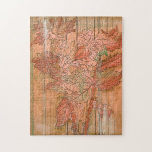 Modern Orange Floral Print on Stripped Background Jigsaw Puzzle