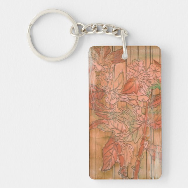 Modern Orange Floral Print on Stripped Background Keychain (Front)