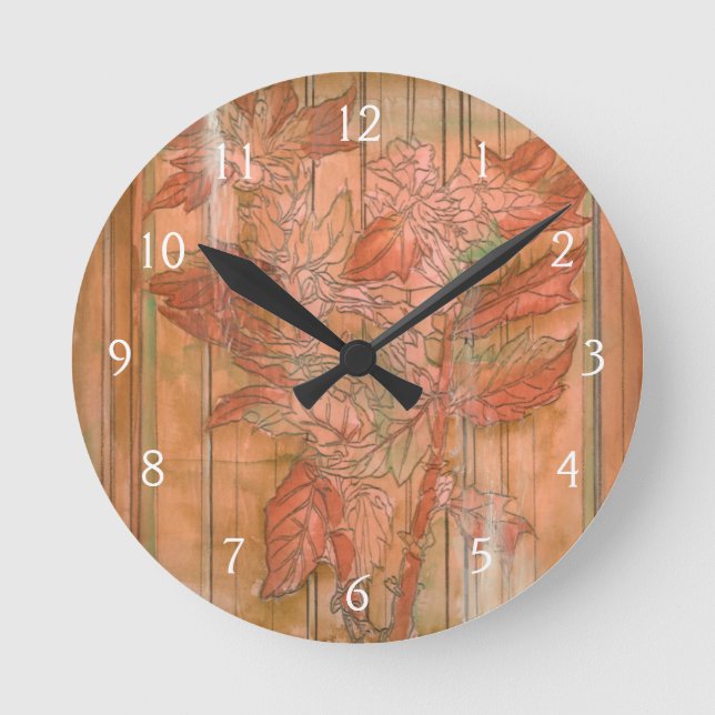 Modern Orange Floral Print on Stripped Background Round Clock (Front)