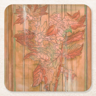 Modern Orange Floral Print on Stripped Background Square Paper Coaster