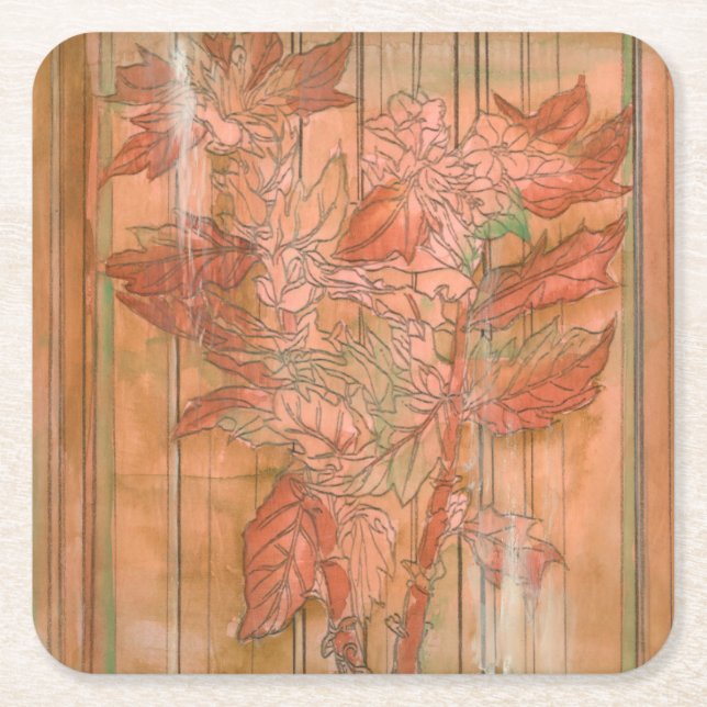 Modern Orange Floral Print on Stripped Background Square Paper Coaster (Front)