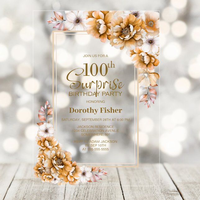 Modern Orange Floral Surprise 100th Birthday Party Acrylic Invitations (Creator Uploaded)
