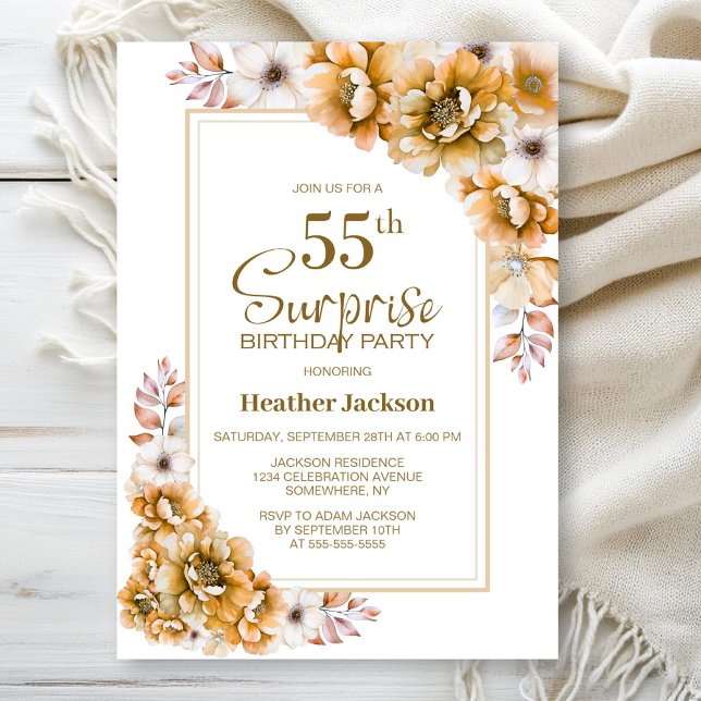 Modern Orange Floral Surprise 55th Birthday Party Invitation (Creator Uploaded)