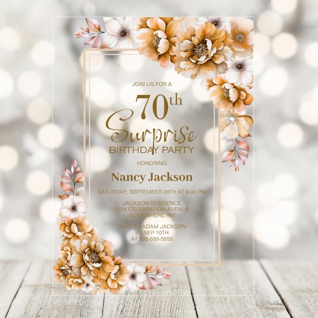 Modern Orange Floral Surprise 70th Birthday Party Acrylic Invitations (Creator Uploaded)