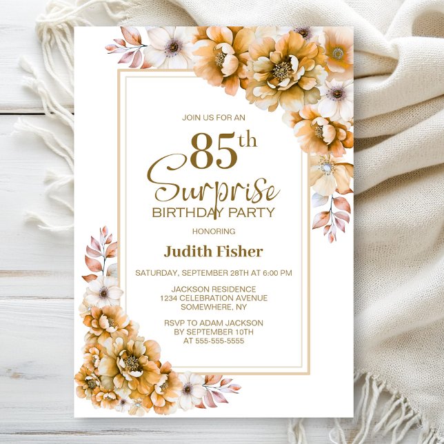 Modern Orange Floral Surprise 85th Birthday Party Invitation (Creator Uploaded)