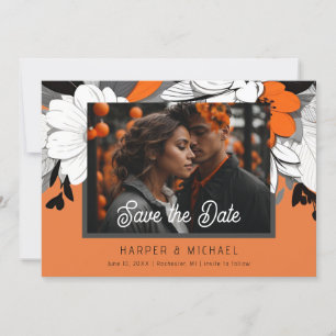 Modern orange floral wedding photo save the date invitation
